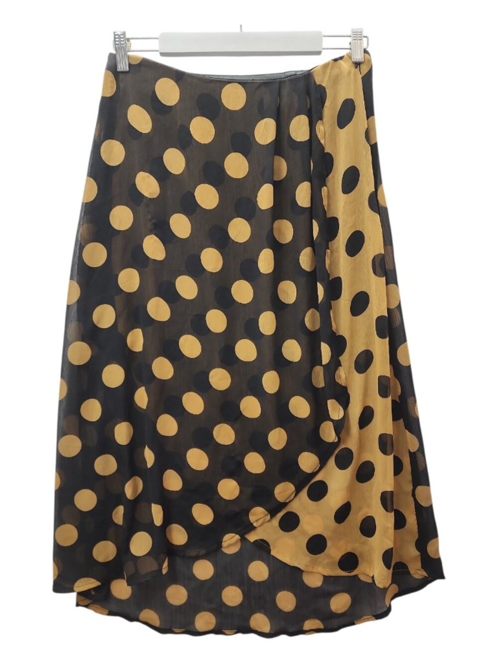 Retro Pin-Up Polka Dot Midi Skirt High-Low Sheer Mustard Black Vintage L